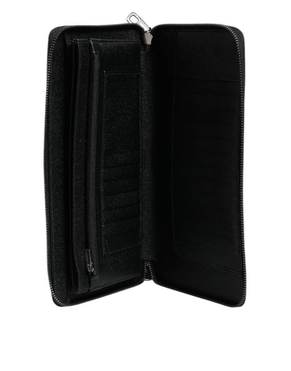 Black Calfskin Leather Logo Zip Around Continental Wallet