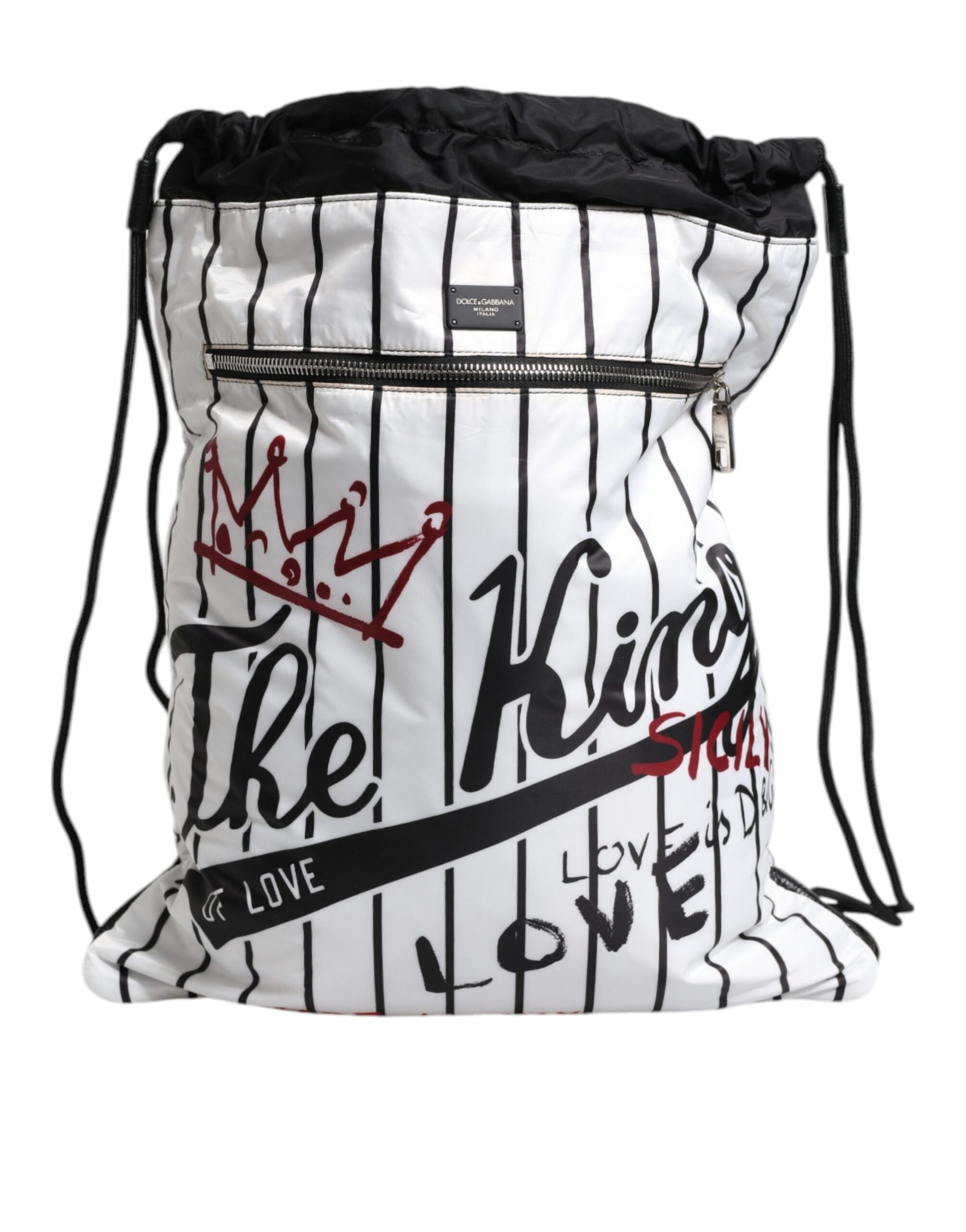 Black White Striped Polyester Drawstring Bag