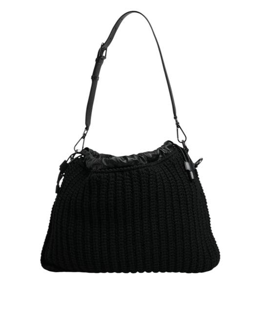 Black Cashmere Knitted Leather Shoulder Bag