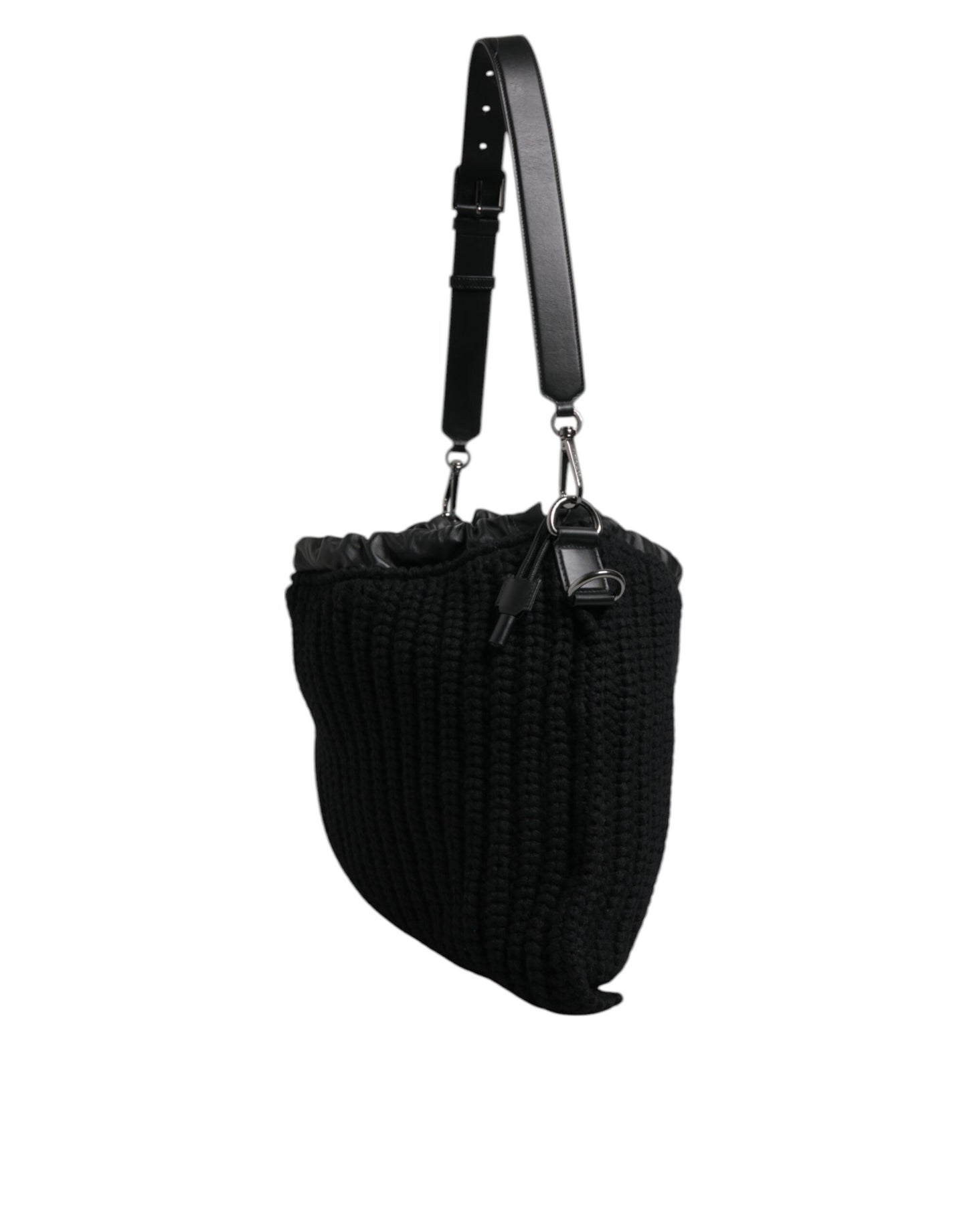 Black Cashmere Knitted Leather Shoulder Bag