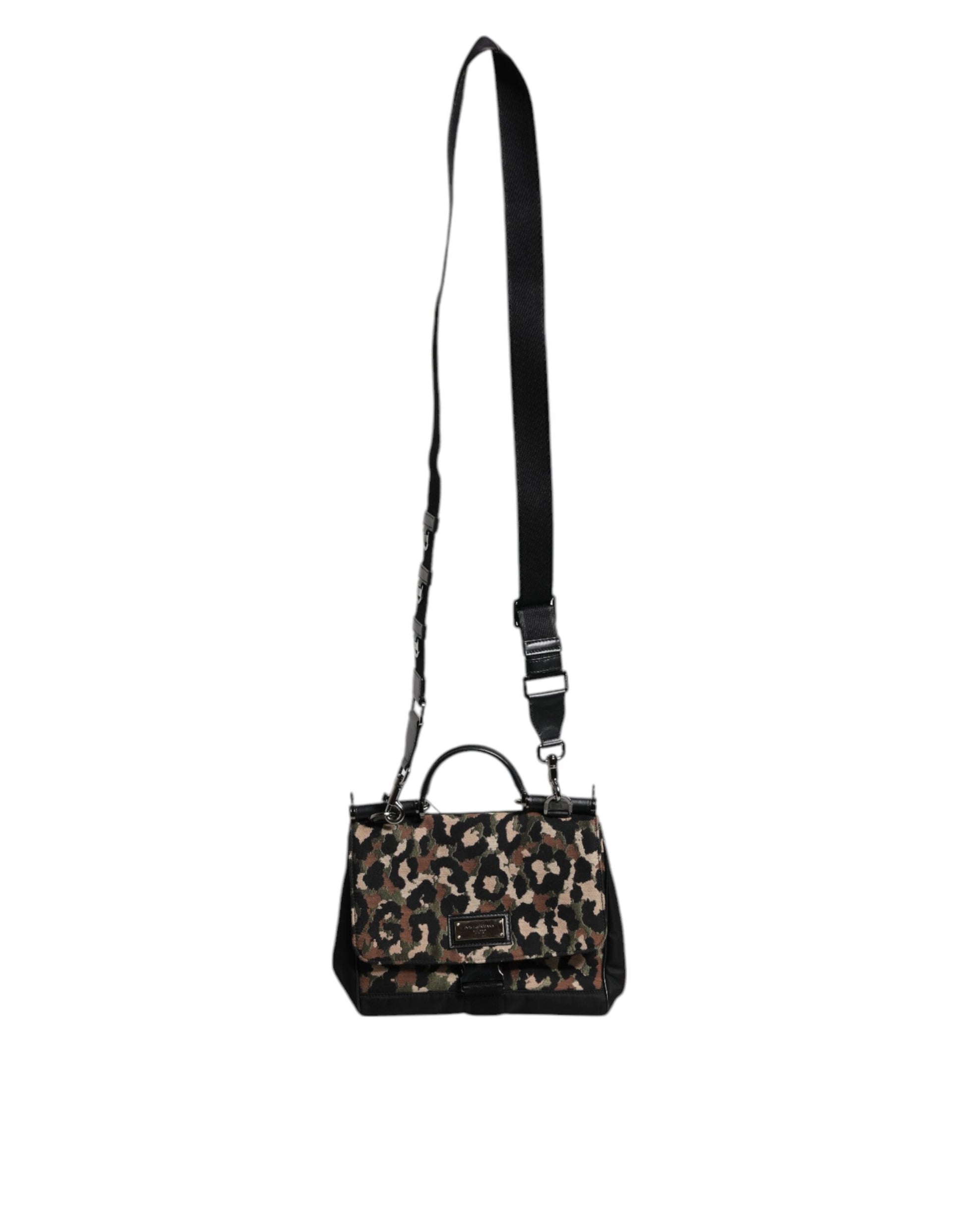 Brown Leopard Print Lacquard Nylon Sicily Tote Bag