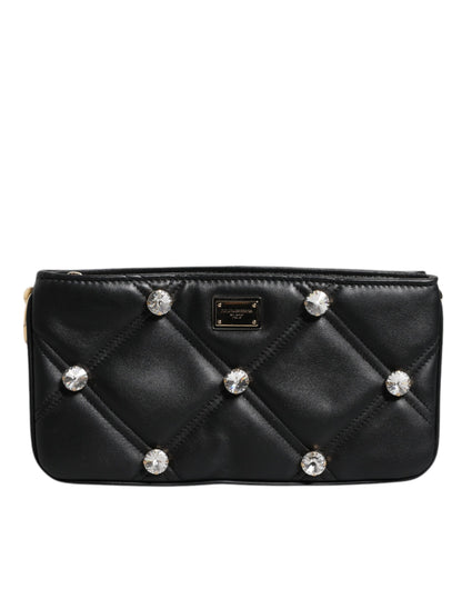 Black Leather Crystal Embellished Logo Shoulder Bag