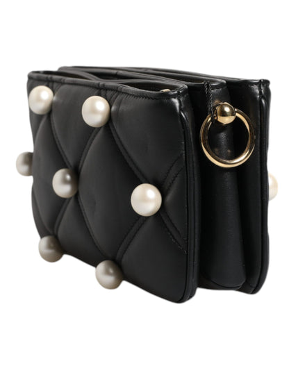 Black Leather Pearl Embellished Logo Shoulder Bag