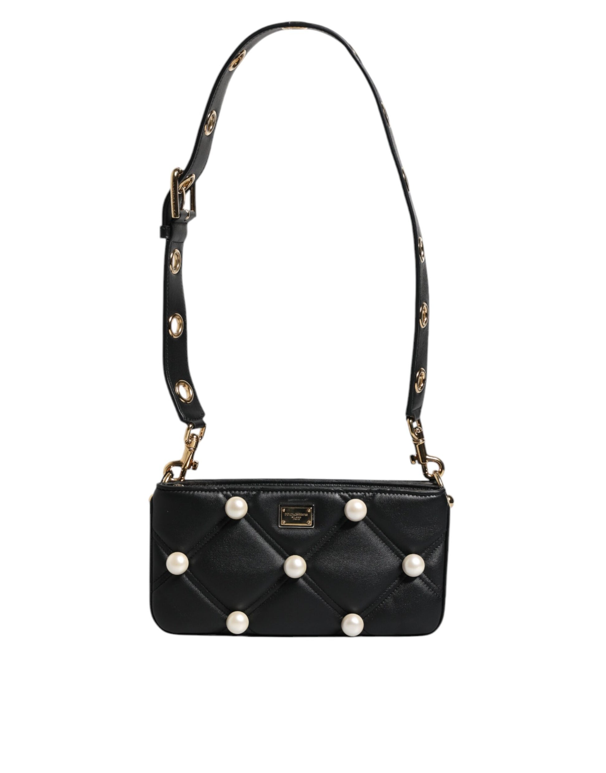 Black Leather Pearl Embellished Logo Shoulder Bag