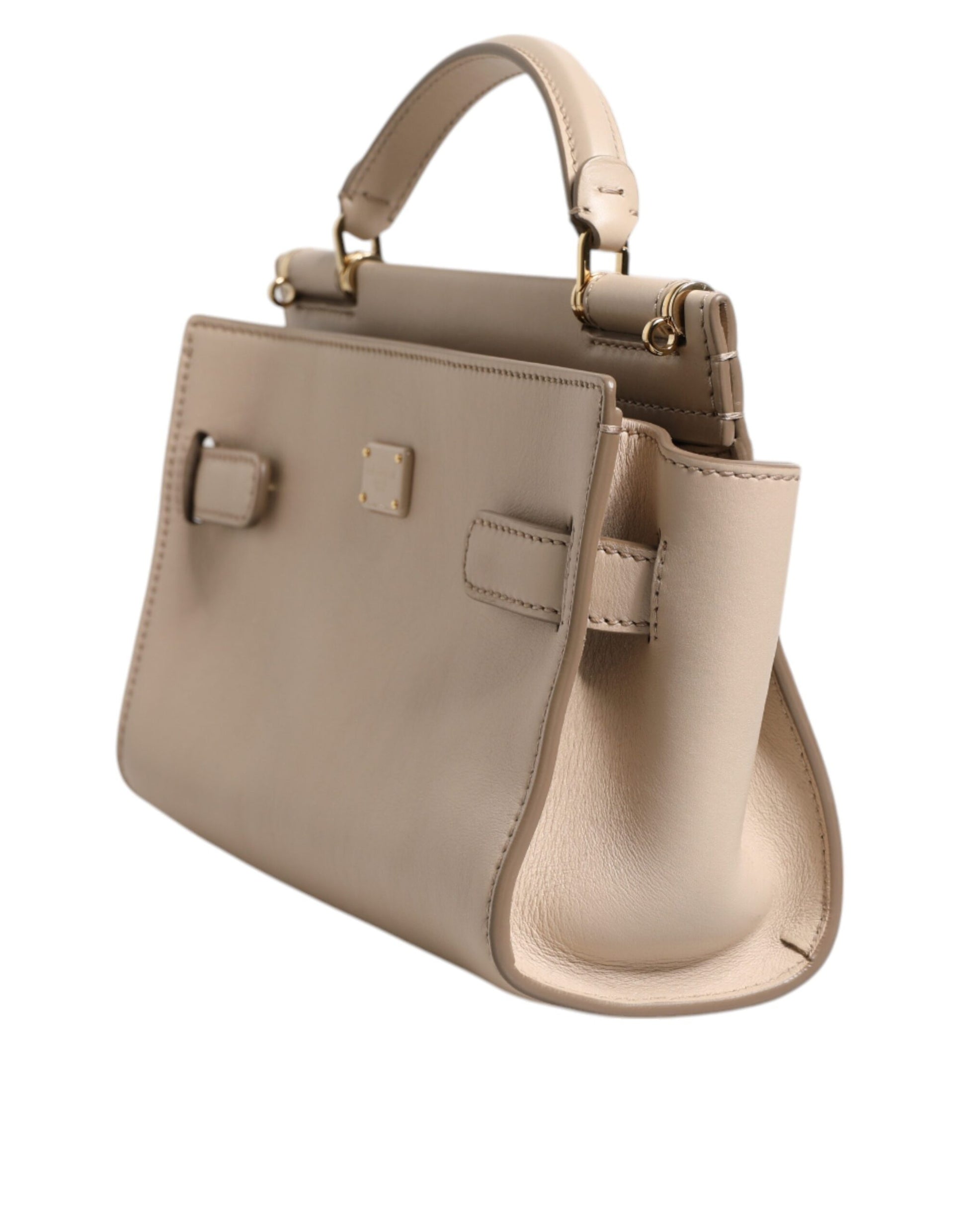 Beige Logo Plaque Leather Top Handle Strap Crossbody Bag