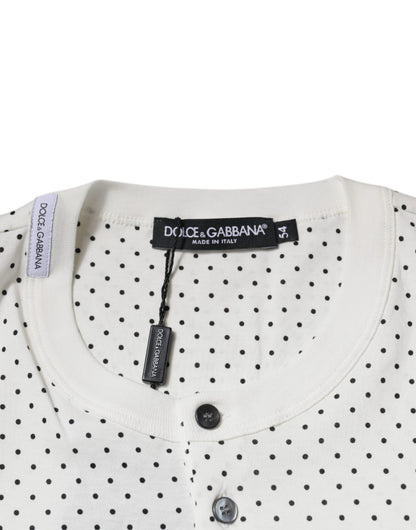 White Polka Dot Cotton Crew Neck Henley T-shirt