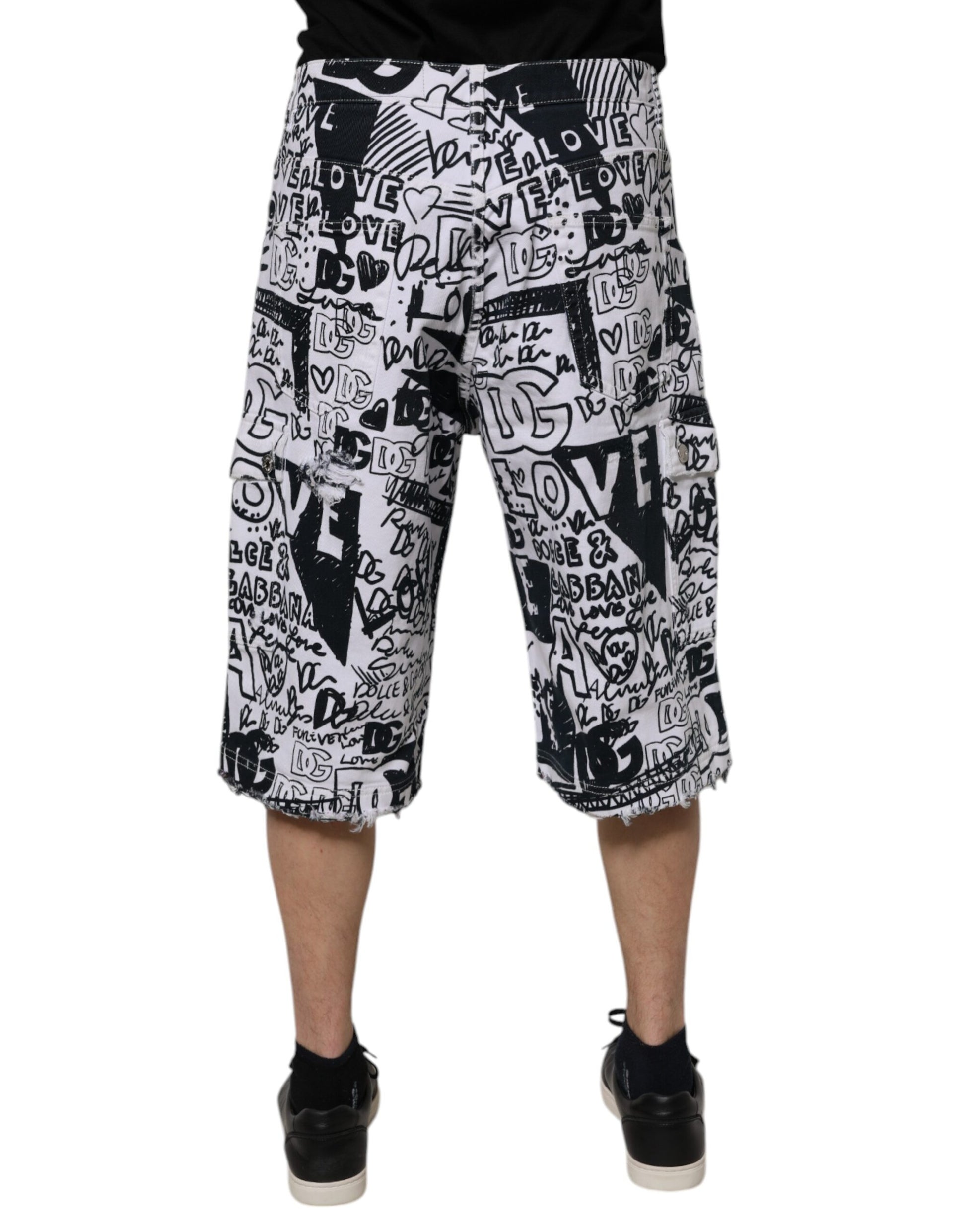 White Graffiti Cotton Men Bermuda Denim Shorts