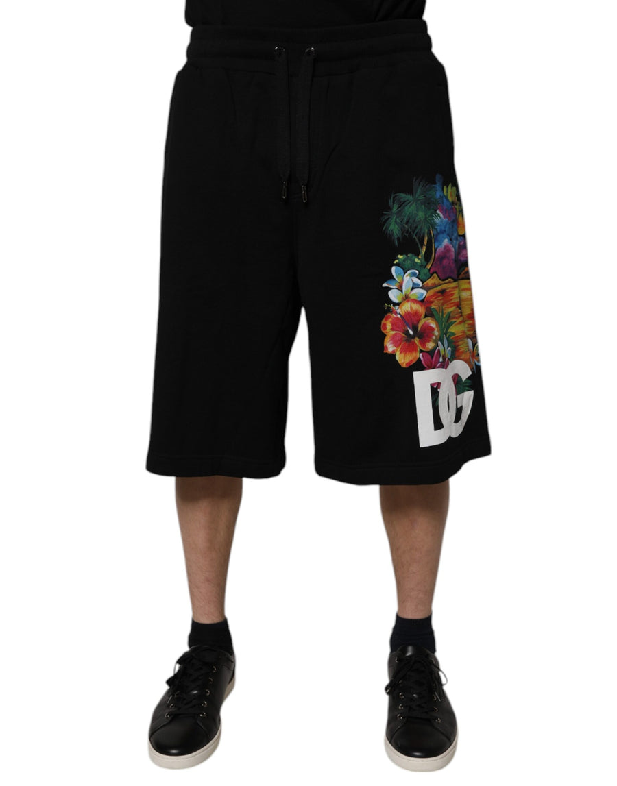 Black Floral Logo Cotton Men Bermuda Shorts