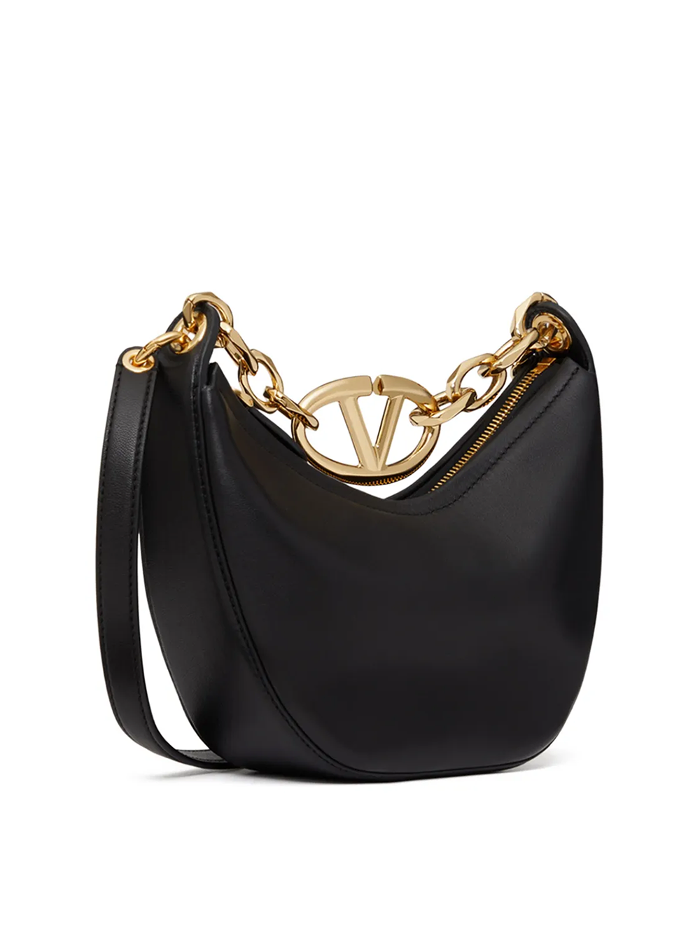 Black Leather Mini Hobo Vlogo Shoulder Bag