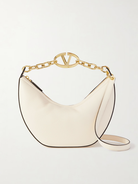 Ivory Leather Small Hobo Vlogo Shoulder Bag