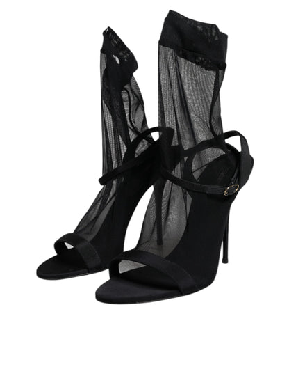 Black Tulle Stretch Heels Sandals Shoes