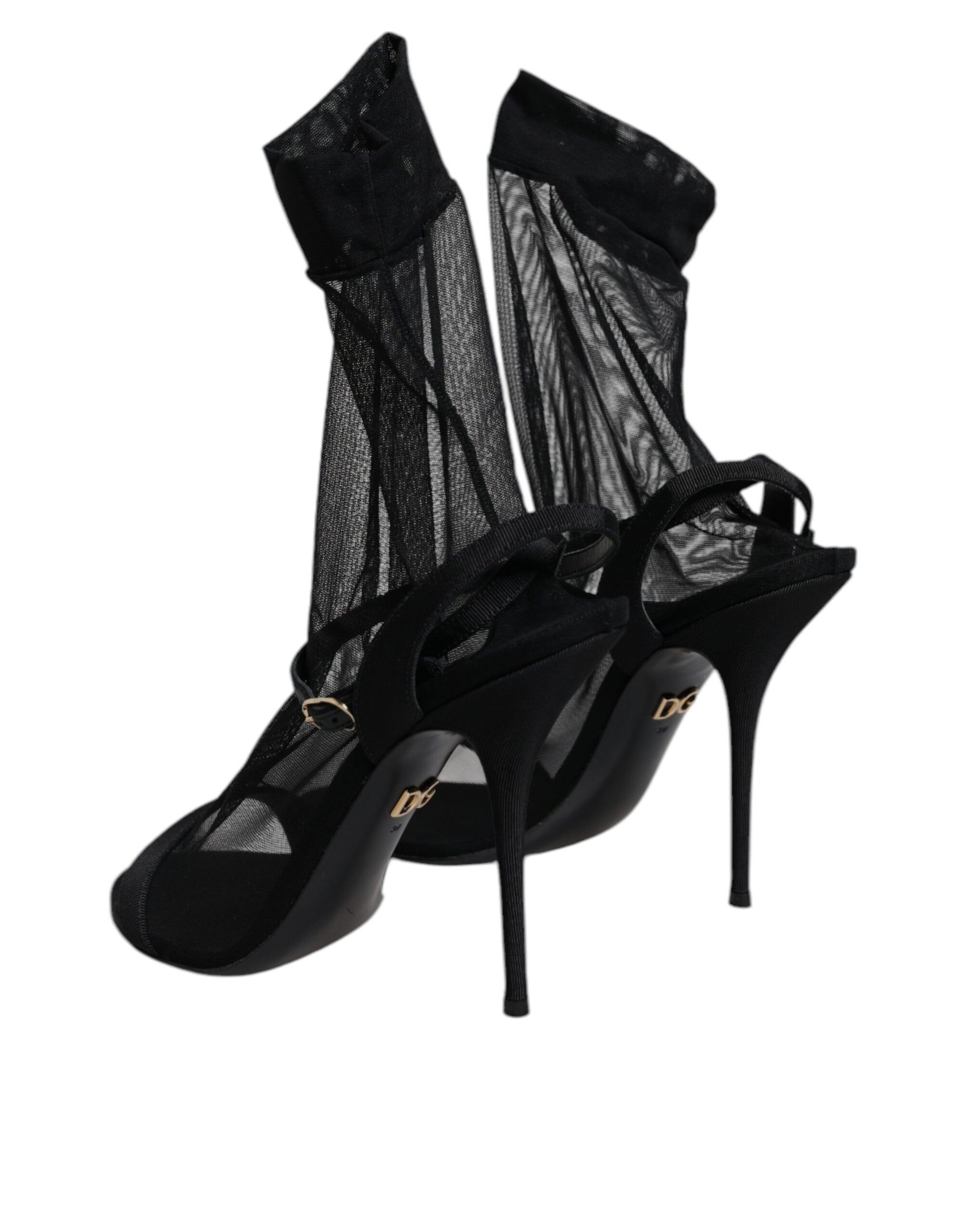 Black Tulle Stretch Heels Sandals Shoes