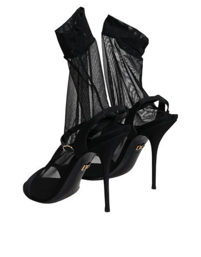 Black Tulle Stretch Heels Sandals Shoes