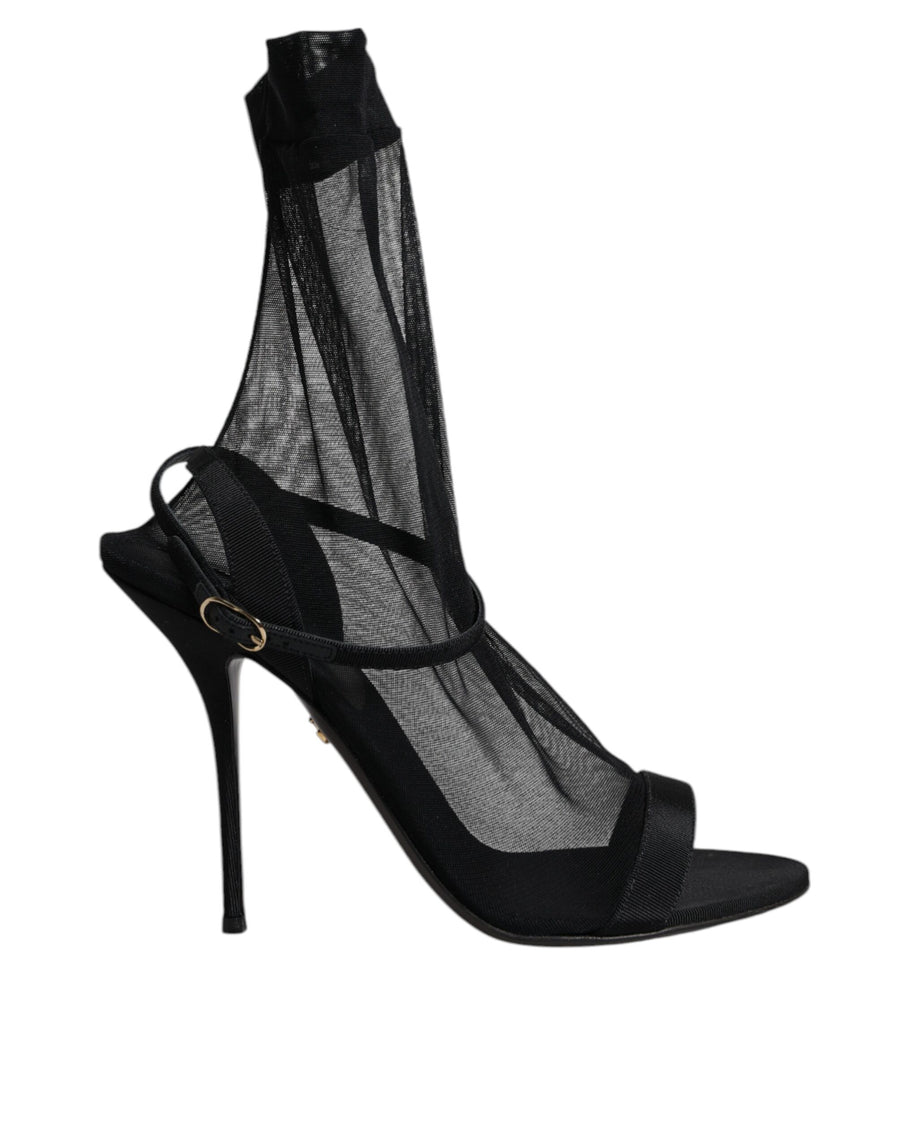 Black Tulle Stretch Heels Sandals Shoes