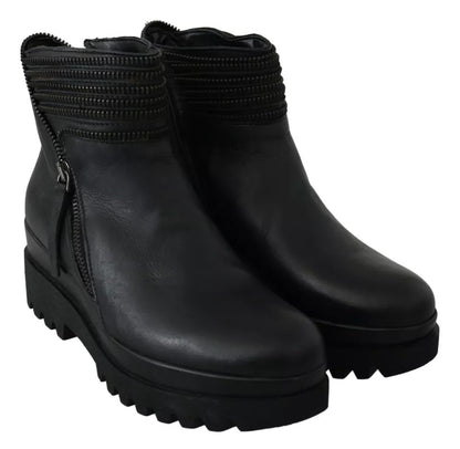 Black Leather Zipper Ankle Boots Shoes