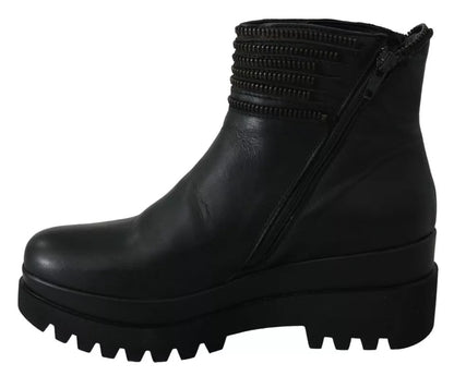 Black Leather Zipper Ankle Boots Shoes