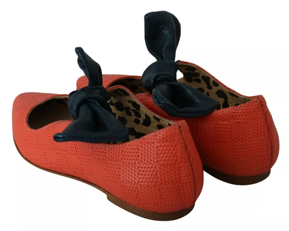 Orange Leather Bow Slip-on Loafers Ballet Flat Shoes