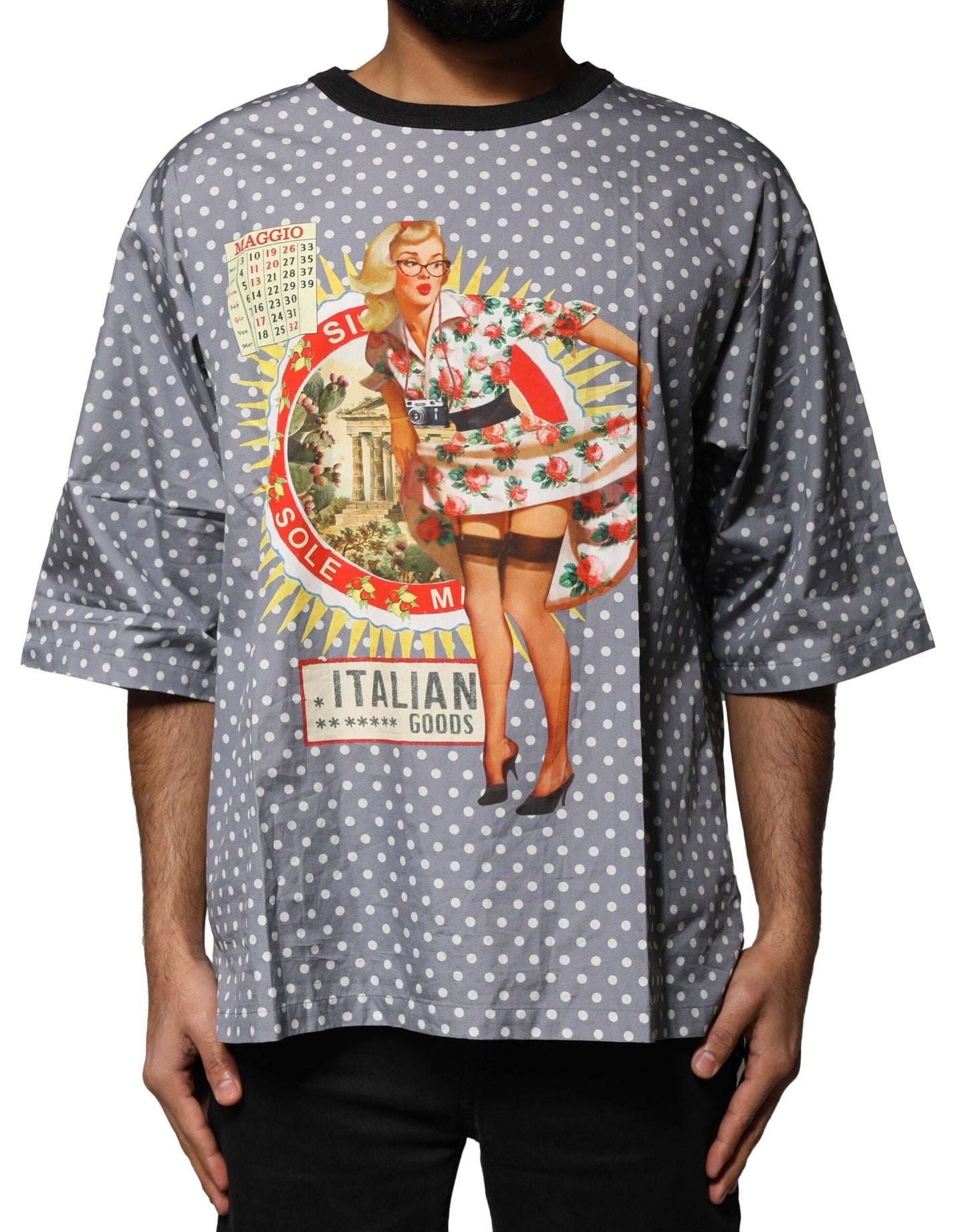 Gray Polka Dot Pin-Up Print Crew Neck T-shirt
