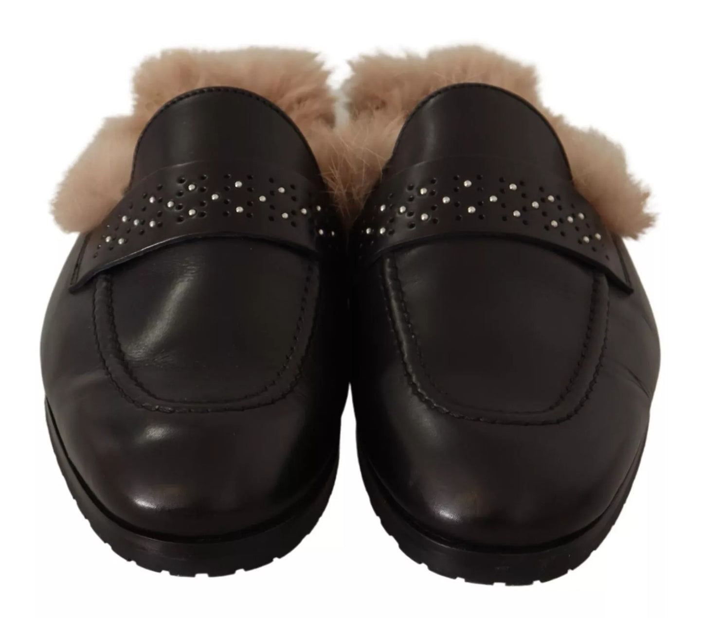 Black Leather Fur Perforated Slip On Flats Shoes