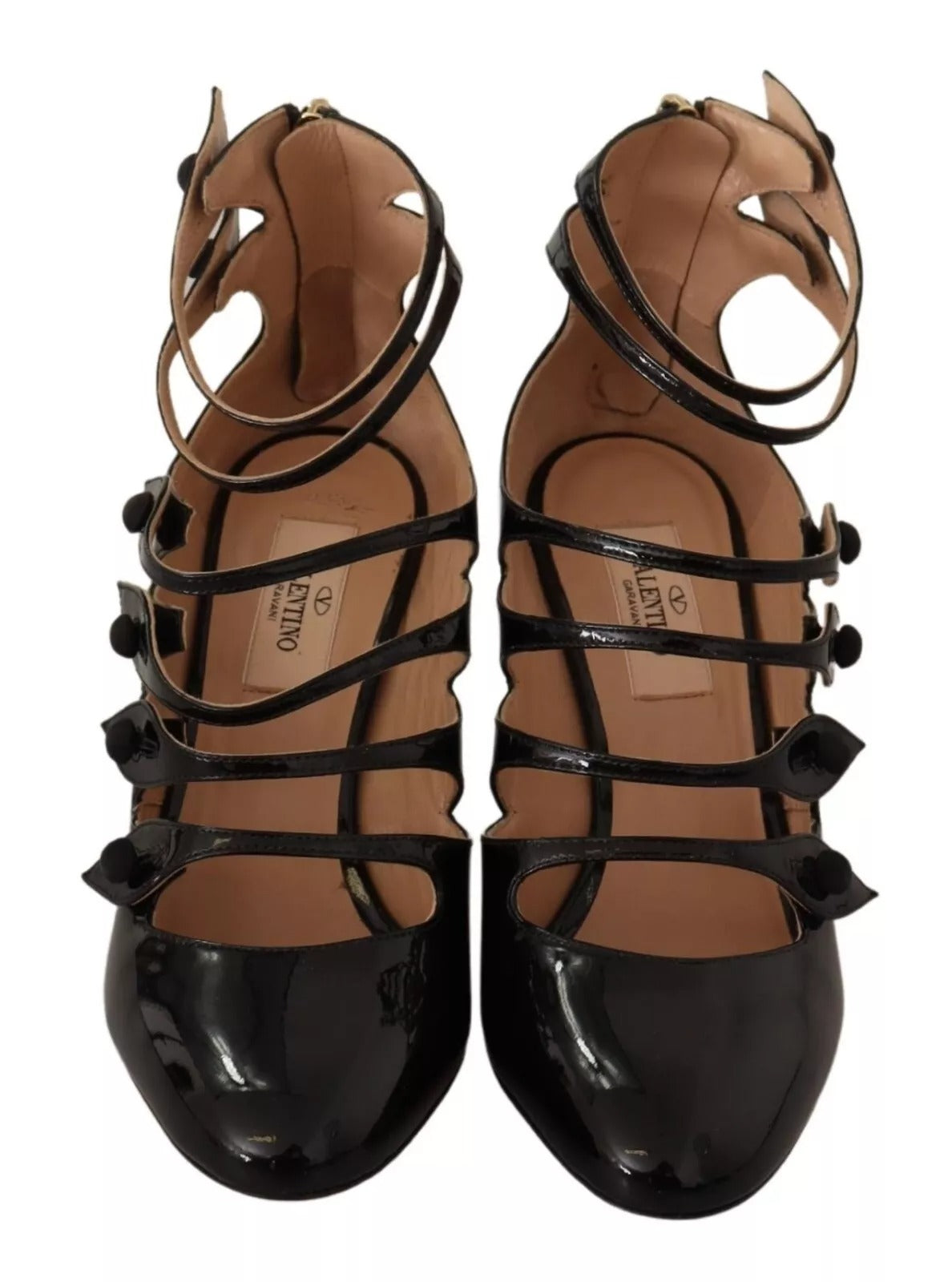 Black Multi Strap Leather Mid Heels Pumps Shoes