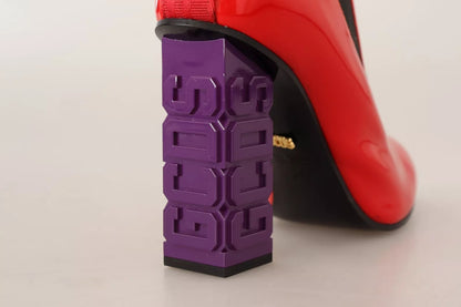 Red Leather Black Fabric Logo Heel Ankle Boots Shoes