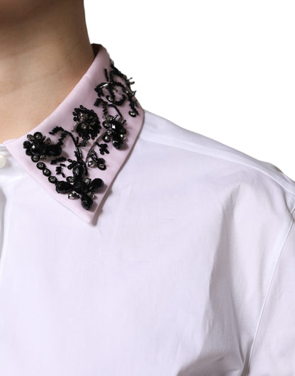 White Embellished Collared Dress Shirt Top