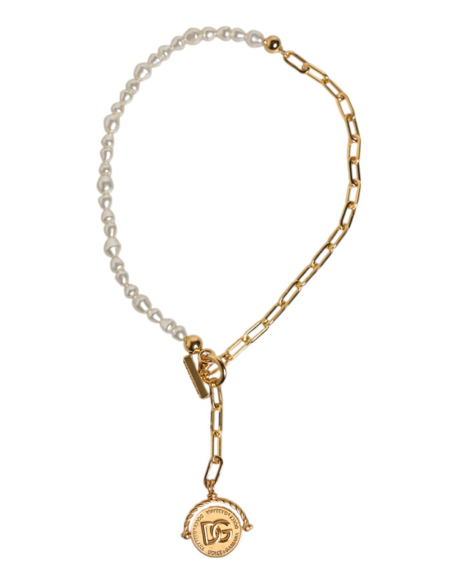 Gold Chain Brass Faux Pearl Charm Logo Pendant Necklace