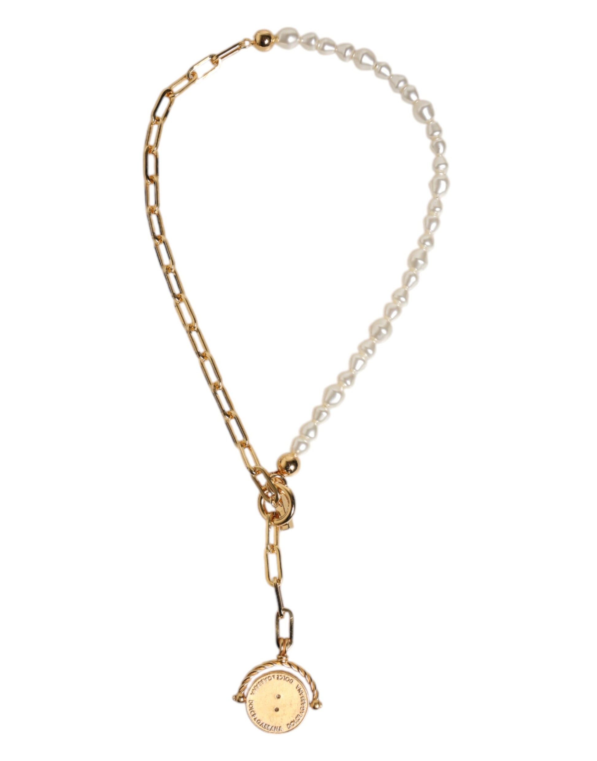 Gold Chain Brass Faux Pearl Charm Logo Pendant Necklace