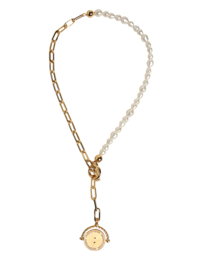 Gold Chain Brass Faux Pearl Charm Logo Pendant Necklace