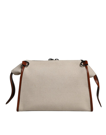 Beige Brown Cotton Leather Duffle Shoulder Bag