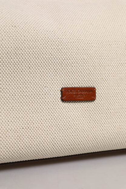 Beige Brown Cotton Leather Duffle Shoulder Bag