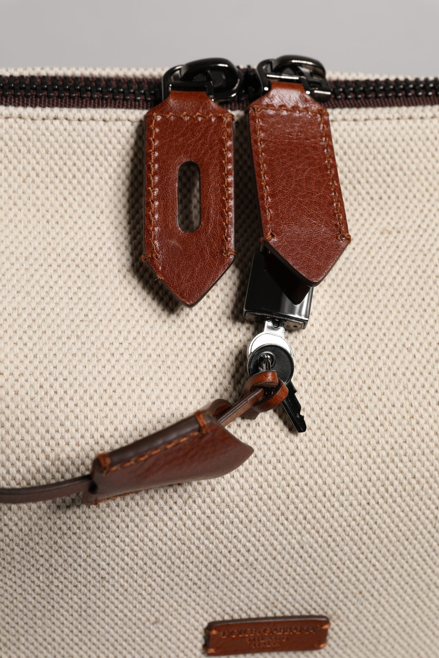 Beige Brown Cotton Leather Duffle Shoulder Bag