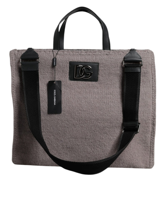 Grey Alpaca Wool Logo Plaque Tote Shoulder Bag