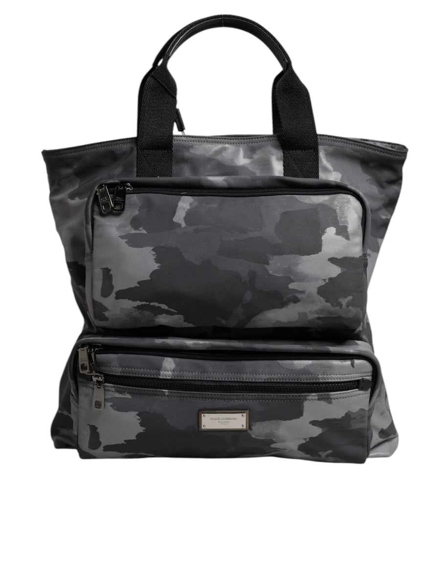Gray Camo Cotton Multiple Compartments Tote Bag
