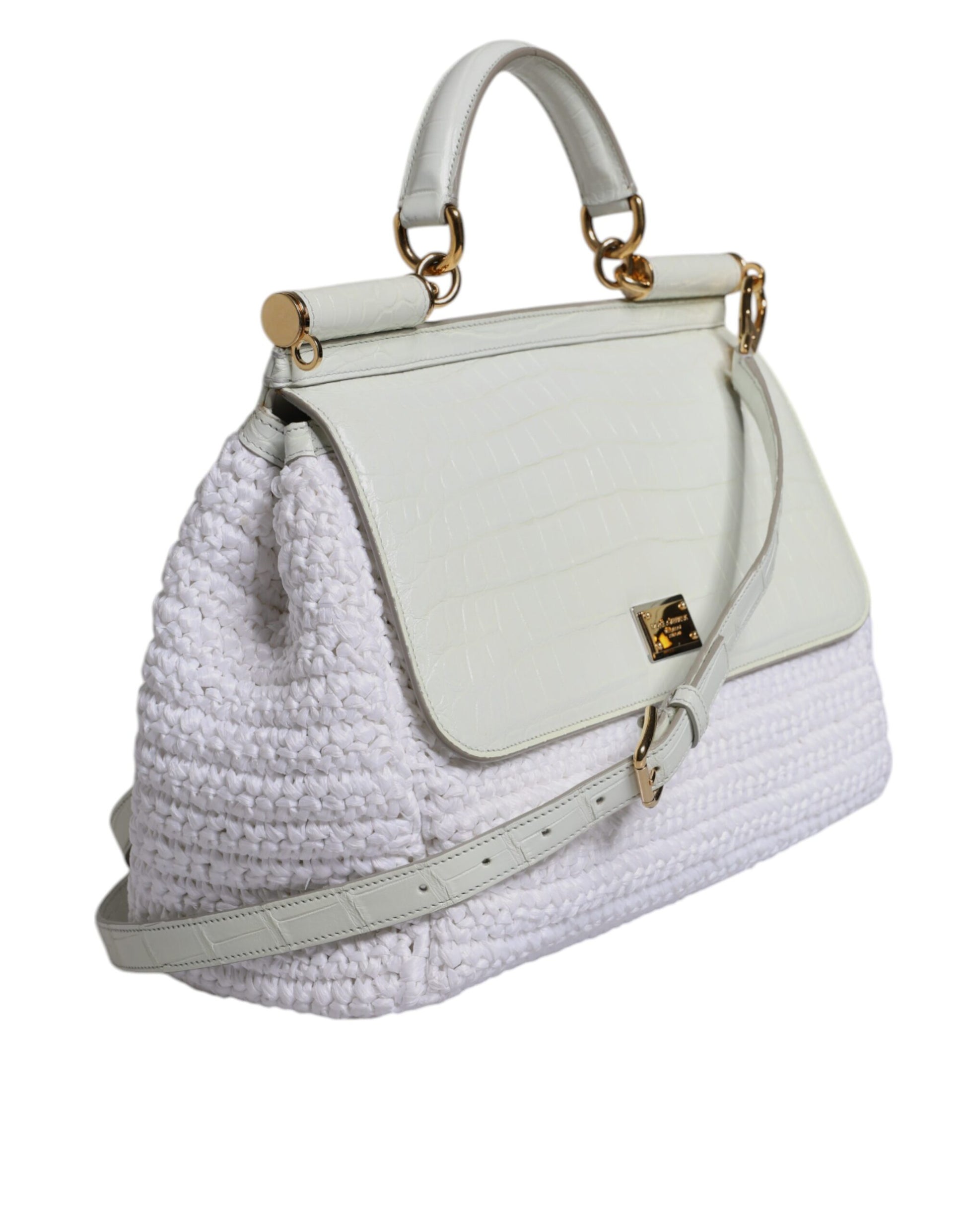 White Rafia Leather Top Handle Crossbody Bag