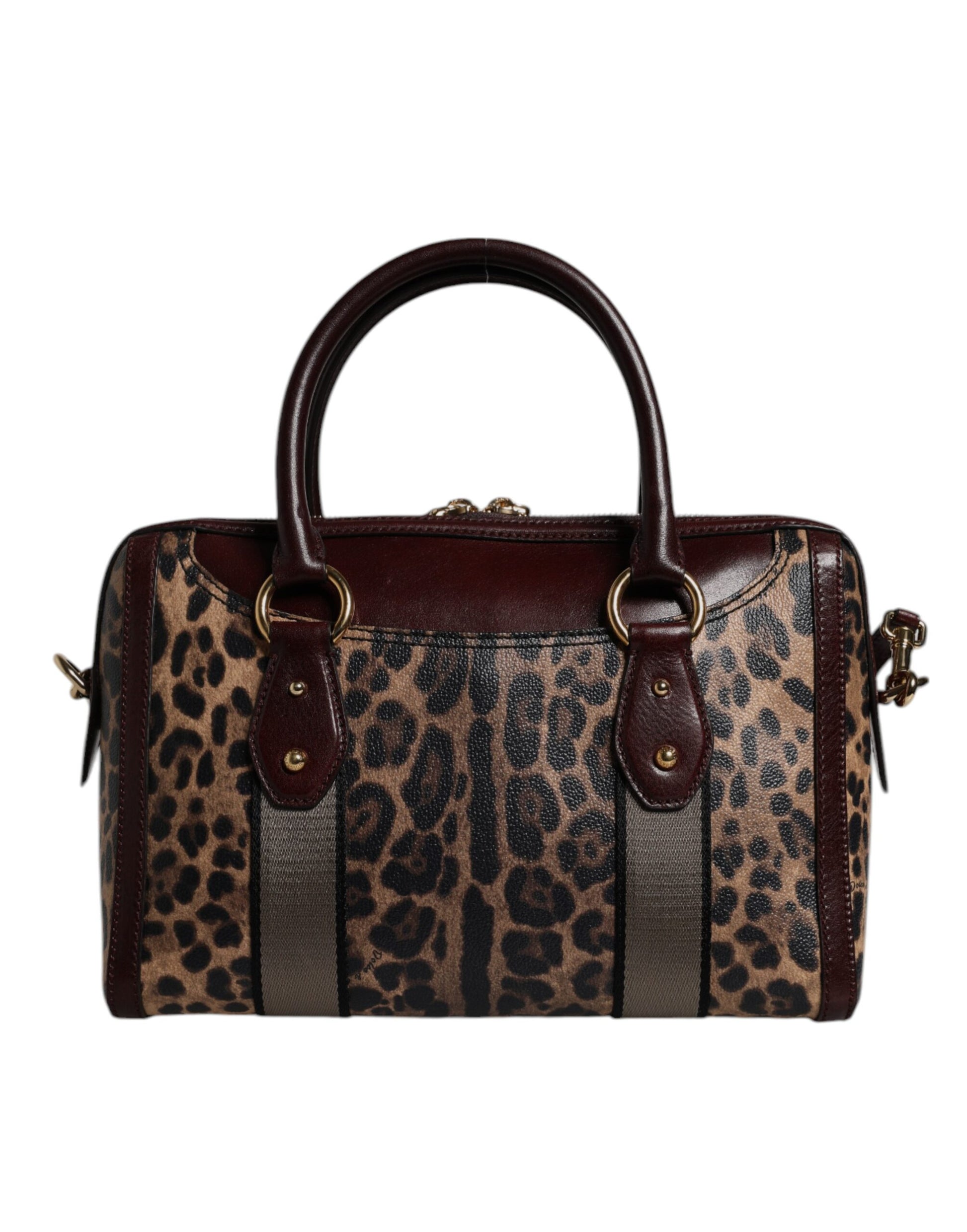 Brown Leopard Leather Shoulder Strap Duffle Bag
