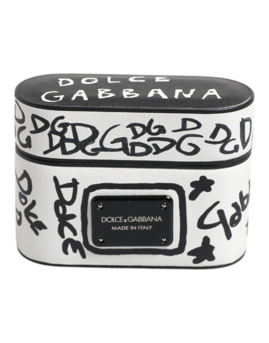 Black White Leather Scribble Embossed Logo Airpods Case