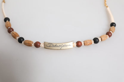 Black Gold Wooden Beaded Logo Pendant Necklace