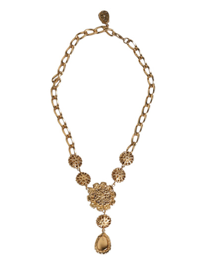 Gold Brass Floral Crystals Pearl Embellished Necklace