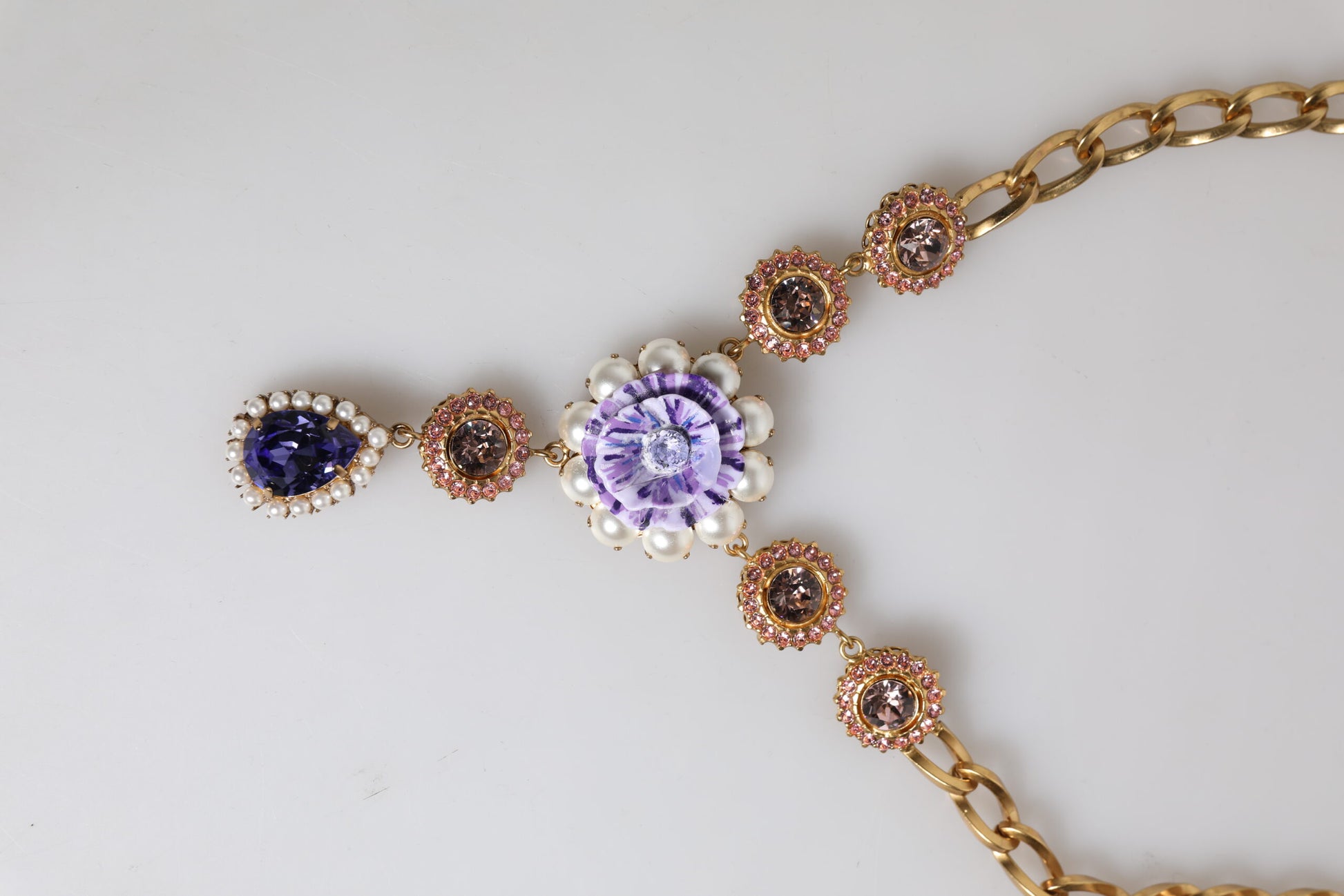 Gold Brass Floral Crystals Pearl Embellished Necklace