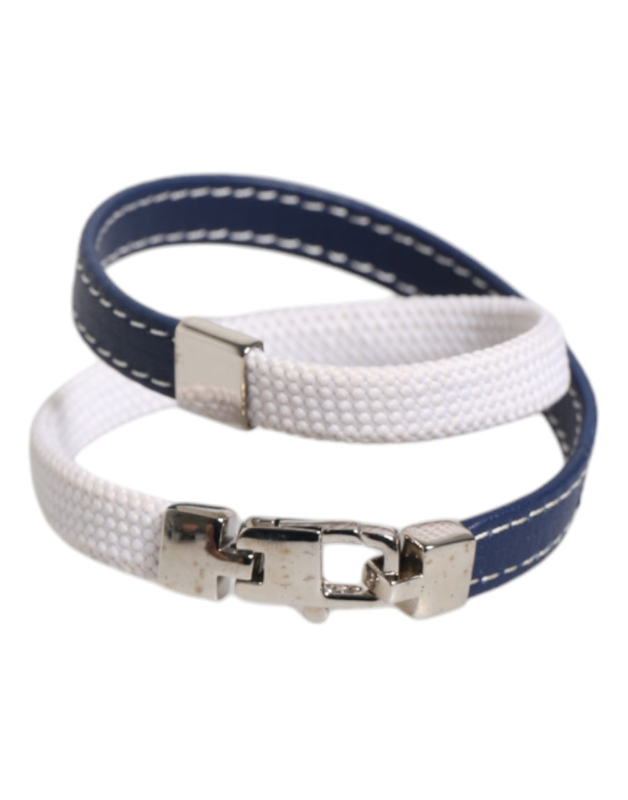 Blue White Leather Trimmed DG Engraved Silver Tone Clasp Bracelet