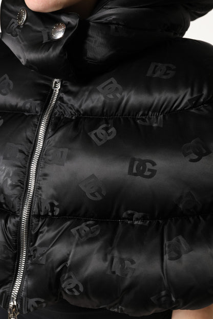 Black Padded Puffer Hooded Full Zip Cropped Jacket
