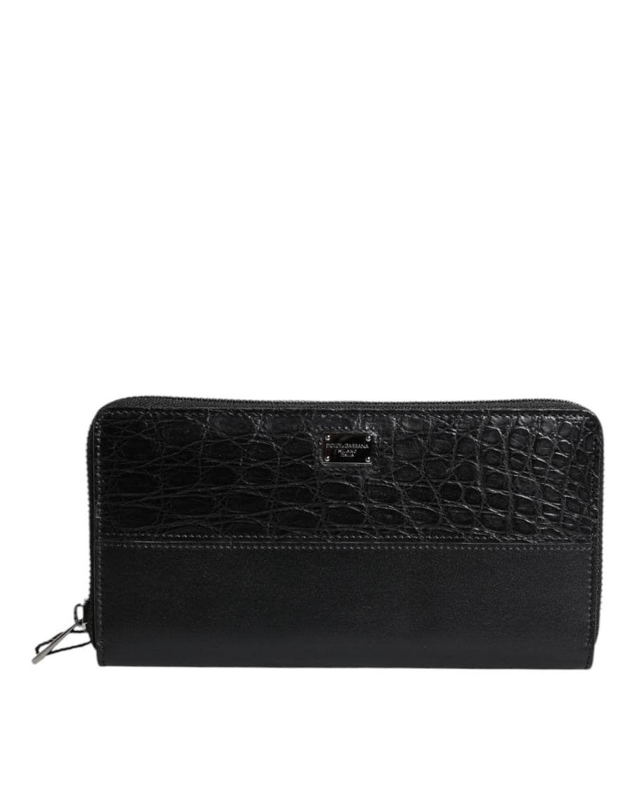 Black Leather Logo Plaque Zip Around Continental Wallet