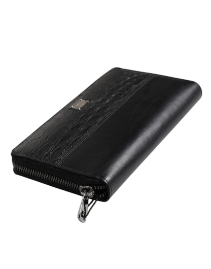 Black Leather Logo Plaque Zip Around Continental Wallet
