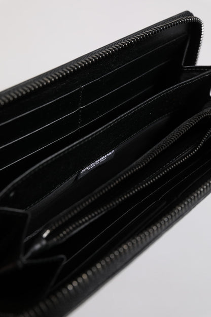 Black Leather Logo Plaque Zip Around Continental Wallet