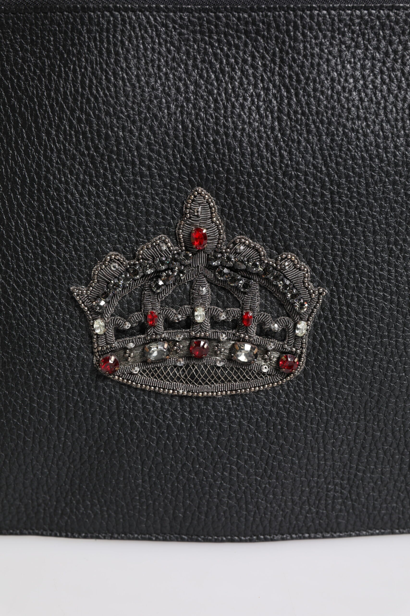 Black Calfskin Crown Embellished Clutch Pouch Bag