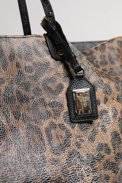 Brown Leopard BEATRICE Leather Logo Plaque Tote Bag