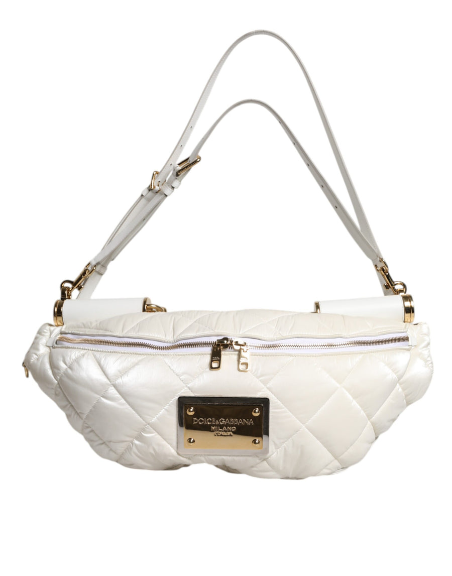 White Quilted Logo Plaque Belt Waist Fanny Pack Bag