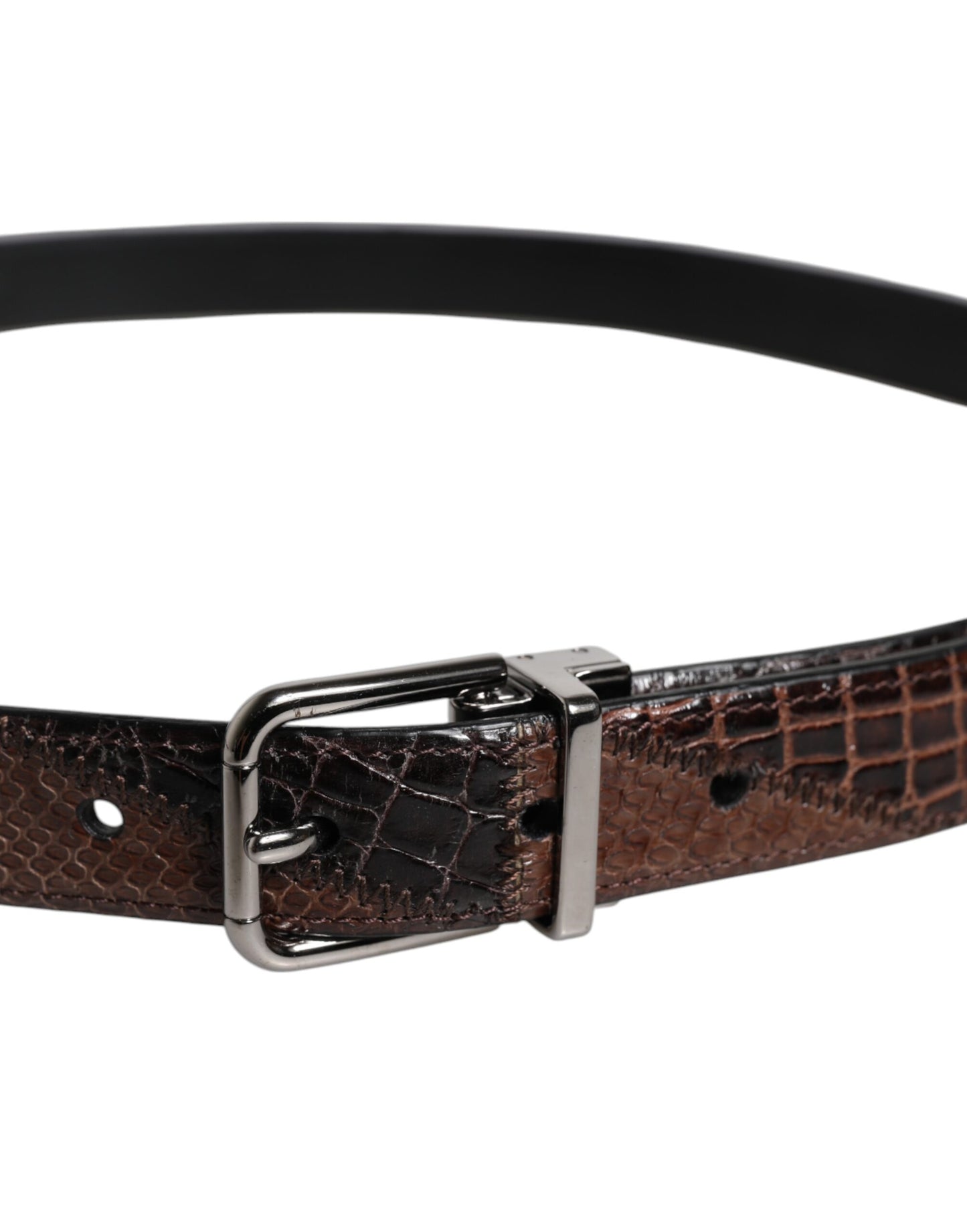 Brown Exotic Leather Metal Logo Buckle Belt
