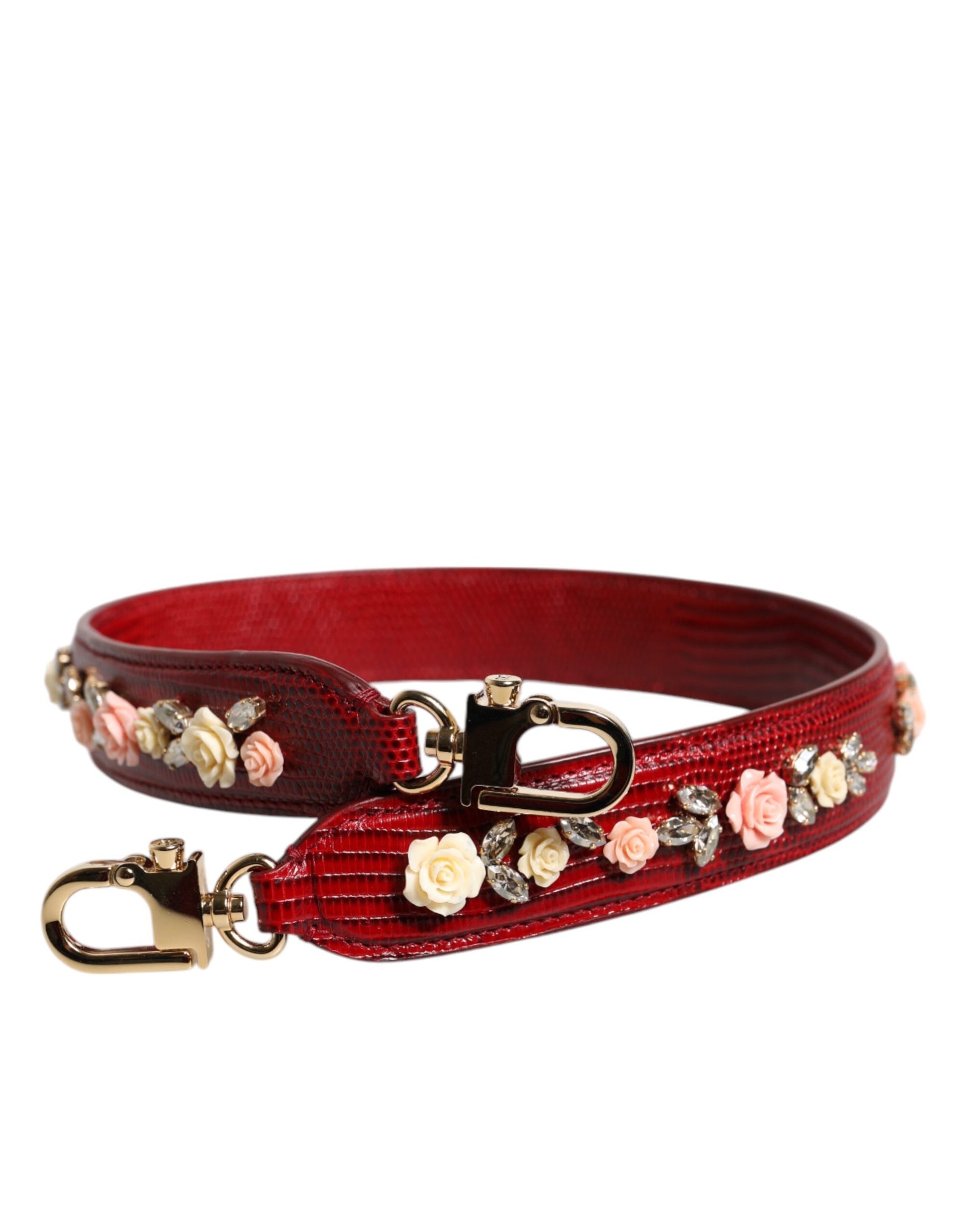 Red Leather Floral Embellish Bag Shoulder Strap